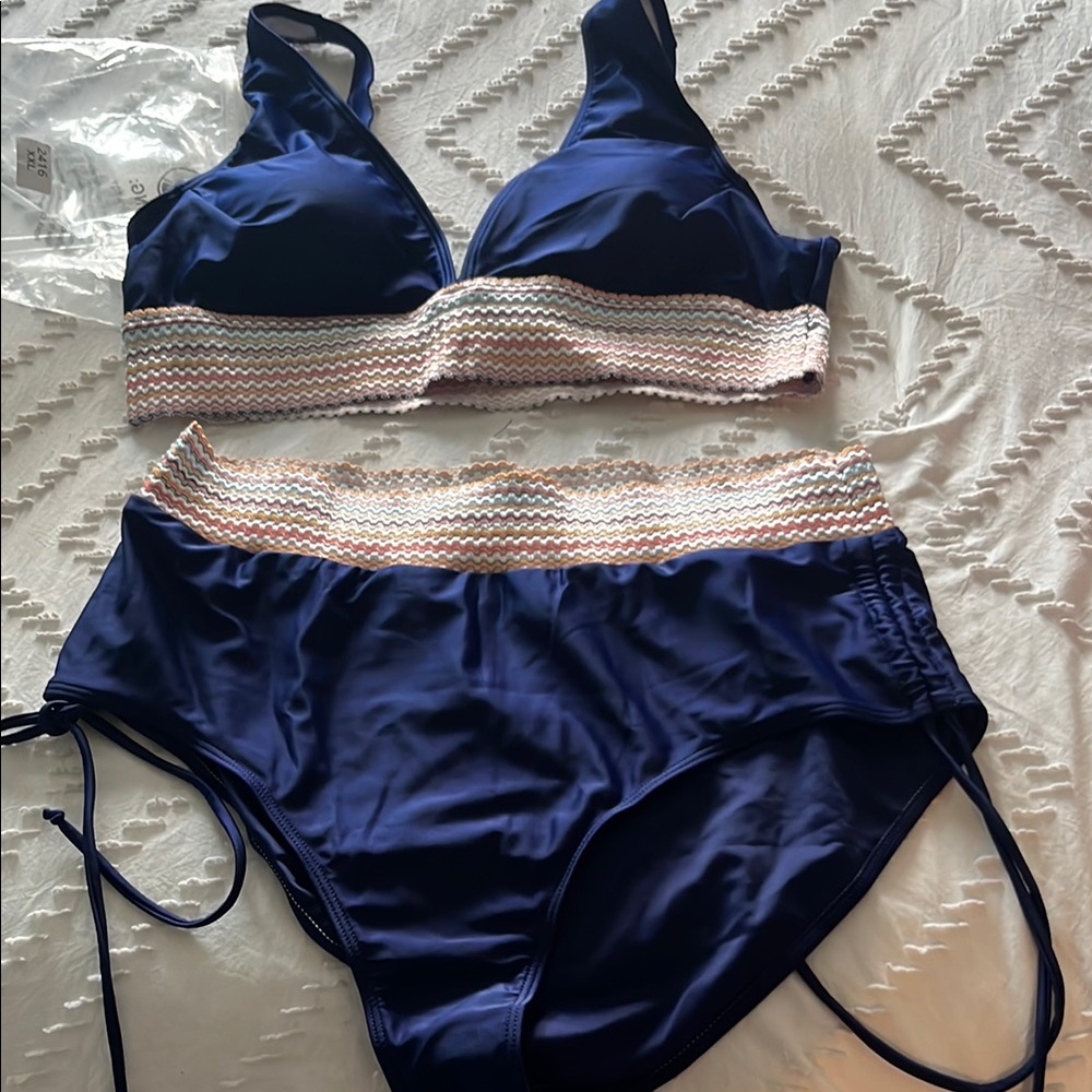Navy Blue Women's Two-Piece Bikini Set with Woven Waistband